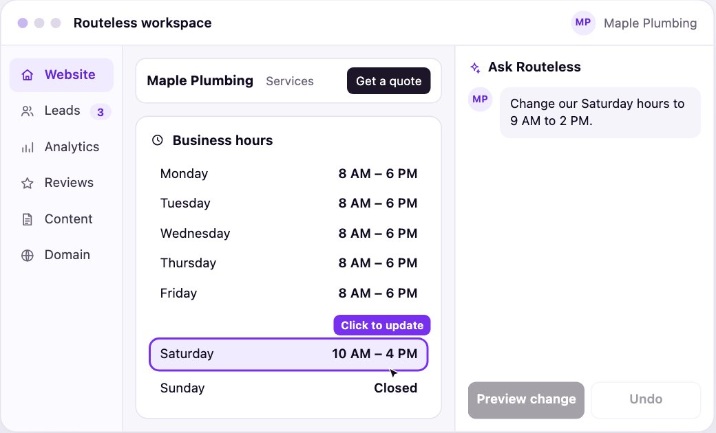 Ask Routeless updating a business's hours